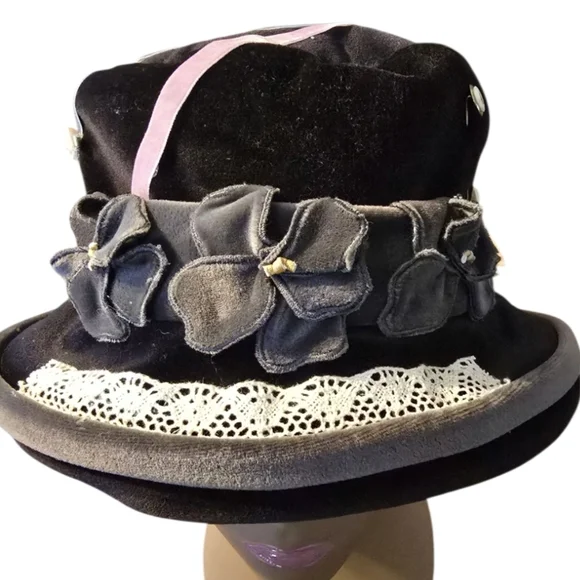 Upcycled Hand Crafted On A Dark Gray Boho Slouchy Bucket Hat Sz OS Gray Bucket Hat – Everglades Fishing Co main image 2